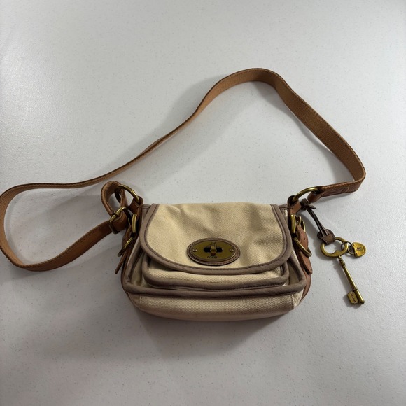 Fossil Handbags - Fossil Long Live Vintage Issue 54 Canvas Crossbody Bag Cream Brown Messenger